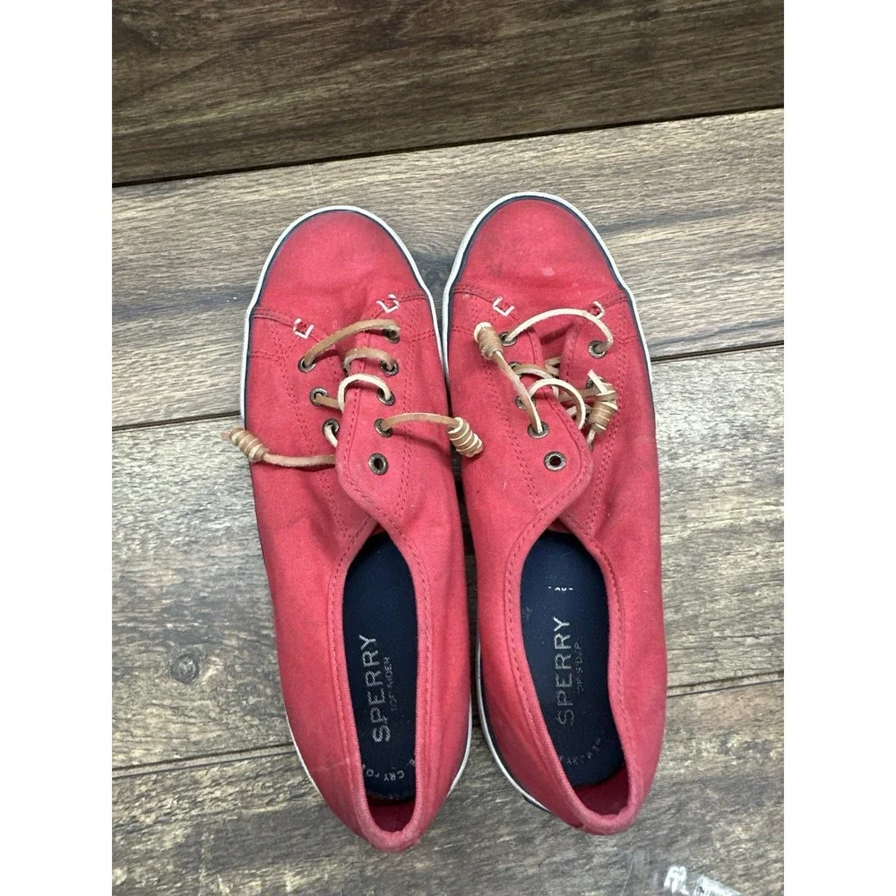 Womens Sperry Top-Sider Classic‎ Red Canvas Leather Laces Boat Shoes Flats Sz 10